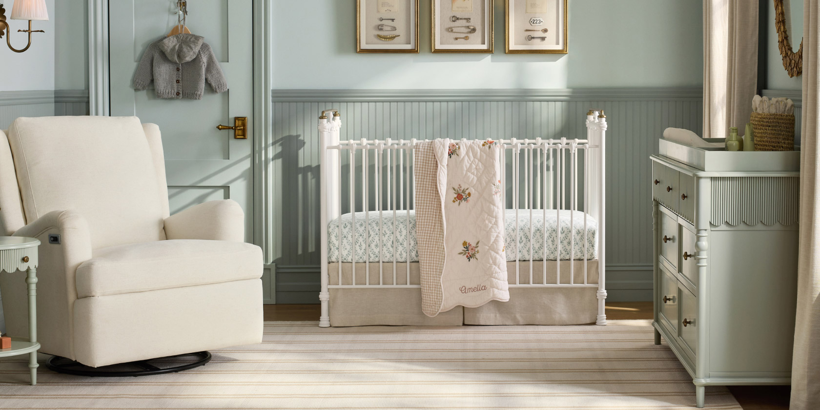 nursery with grey crib and white dresser Emery Collection | Nursery Furniture Set