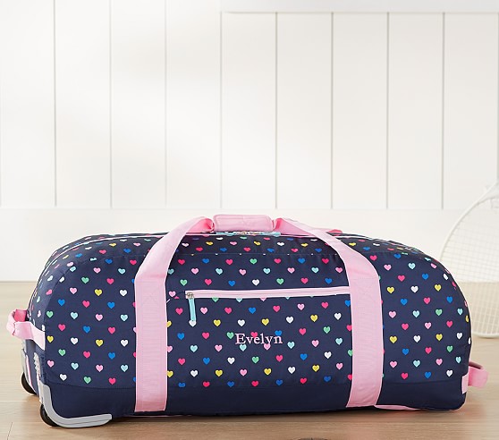 Mackenzie Navy Pink Multi Hearts Extra Large Rolling Duffle Bag | Pottery Barn Kids